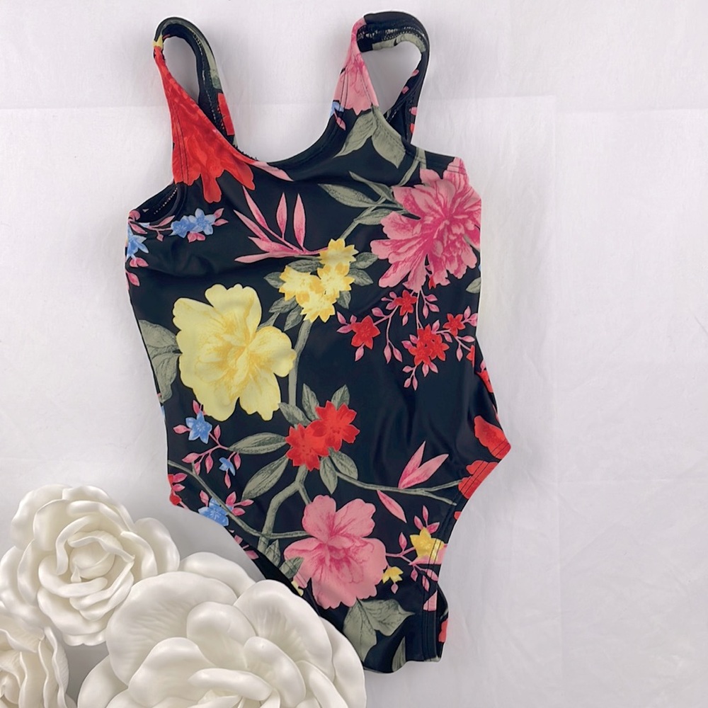 OLD NAVY One Piece Swimsuit Black Floral Print Size 3T